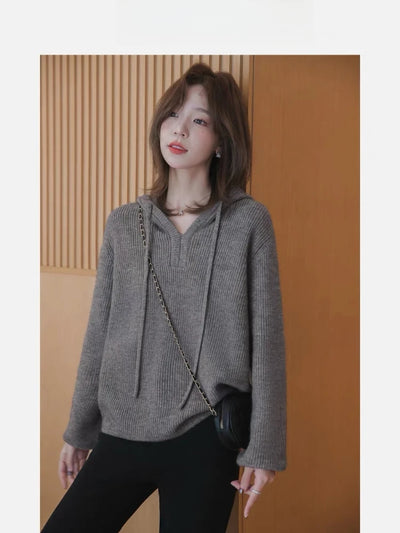 Hooded Sweater Women's Sweater 2025 Autumn and Winter New Fashion V-neck Loose Casual Solid Color Long-sleeved Knitted Top