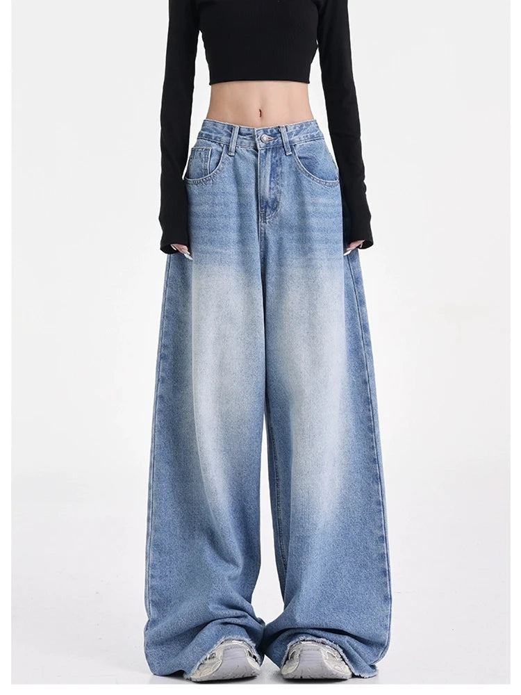 Women's Wide Leg Retro Blue Jeans Cool Girl Street Style Fashion Bottoms Female High Waist Straight Loose Denim Trousers