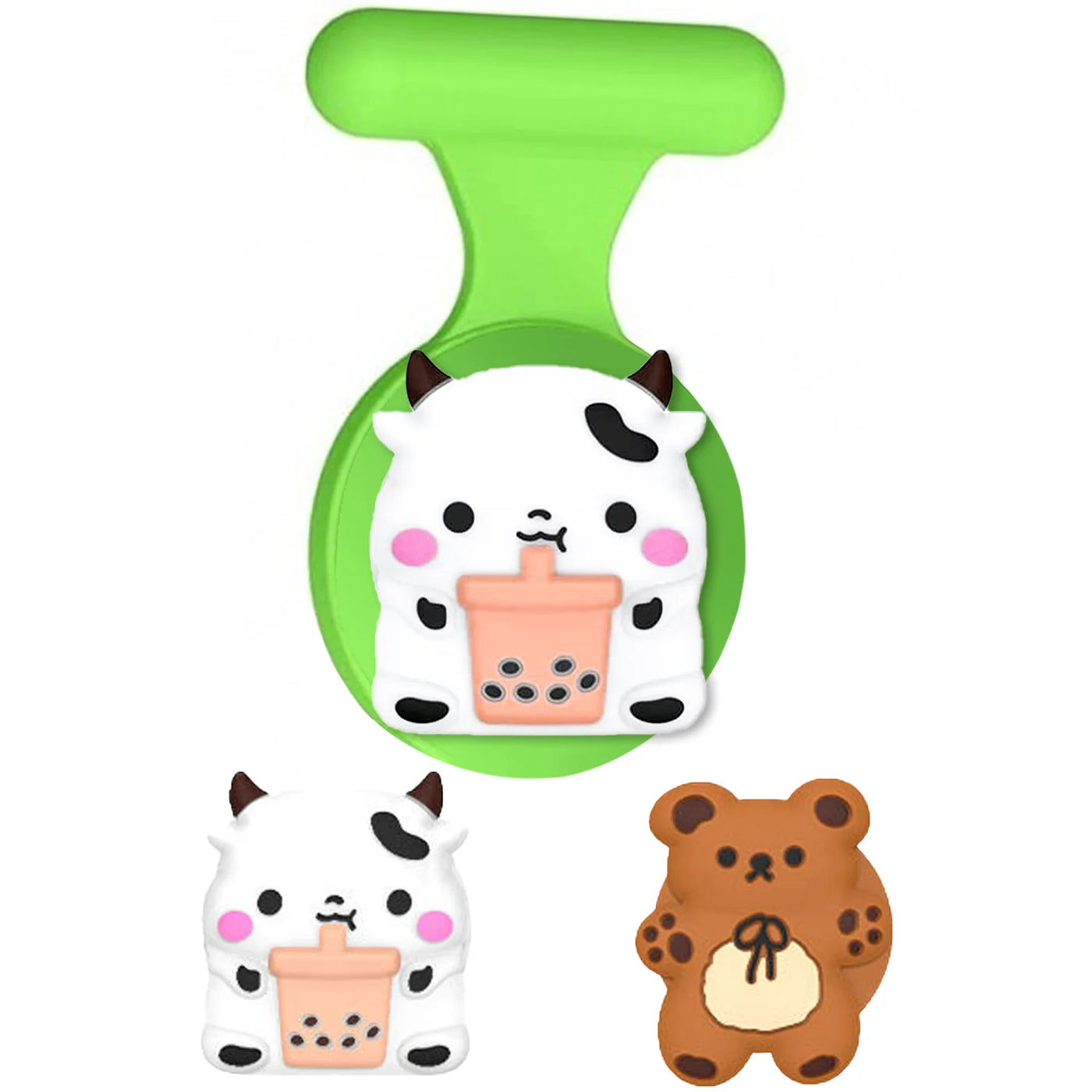 Green silicone phone case with cow, bear, and bubble tea designs for AirTag kids holder