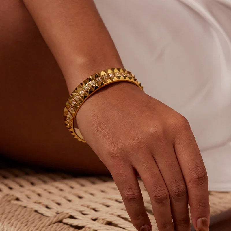 VAROLE Pyramid Bracelet For Women Gold Color Statement Cubic Zircon Bangle Stainless Steel Fashion Jewelry Pulseras Mujer