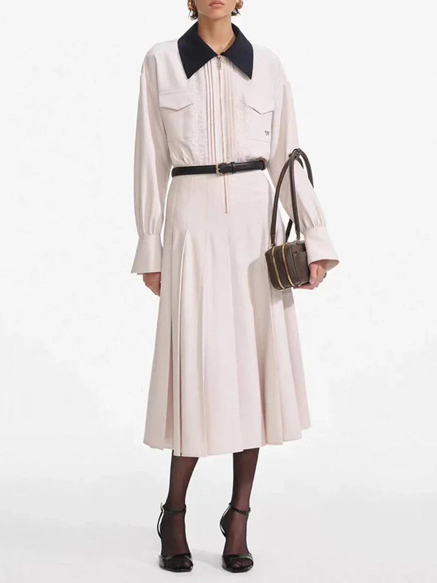 VGH Designer Slimming Hit Color Spliced Belt Long Dresses For Women Lapel Long Sleeve High Waist Temperament Dress Female New