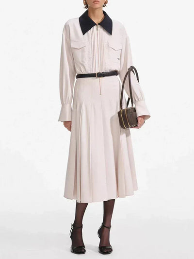 VGH Designer Slimming Hit Color Spliced Belt Long Dresses For Women Lapel Long Sleeve High Waist Temperament Dress Female New