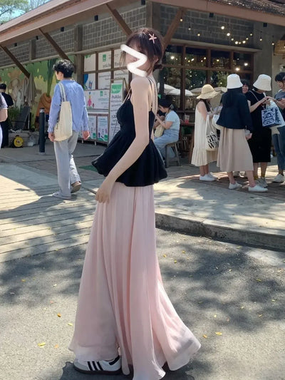 A Tall Sporty Skirt with Sparkling High Waist Elastic High-end Flowing A-line Extended Pink Skirt