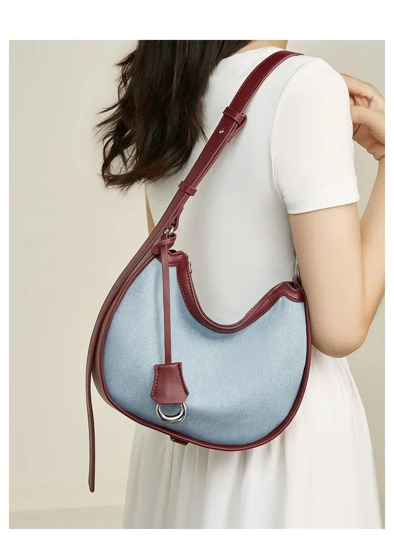 2024 New Women Bag Lady Fashion Half Moon Underarm Shoulder Bag Messenger Female Summer Soft Lightweight Denim Fabric Handbag