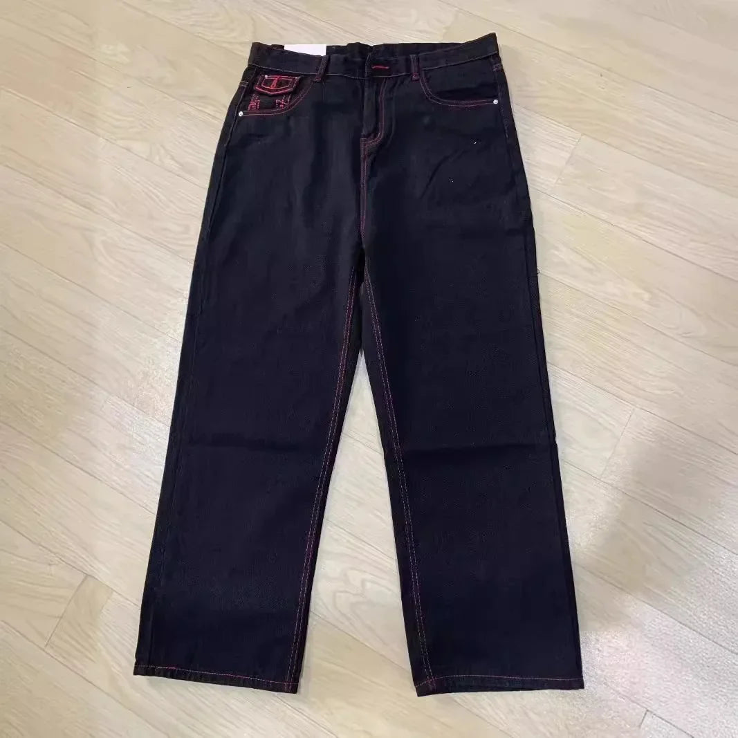 American style trendy jeans men religious Buddha loose denim pants thick line straight leg casual high street jeans men clothing