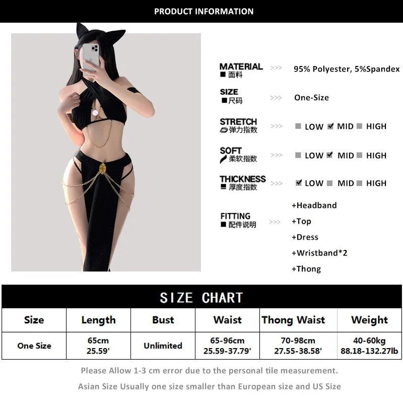 Cat Cosplay Costumes Black Halter Hollow Top with Long Skirt Golden Chain Set Babydoll Women Sexy Lingerie Erotic Costume