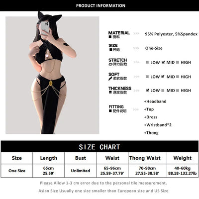 Cat Cosplay Costumes Black Halter Hollow Top with Long Skirt Golden Chain Set Babydoll Women Sexy Lingerie Erotic Costume
