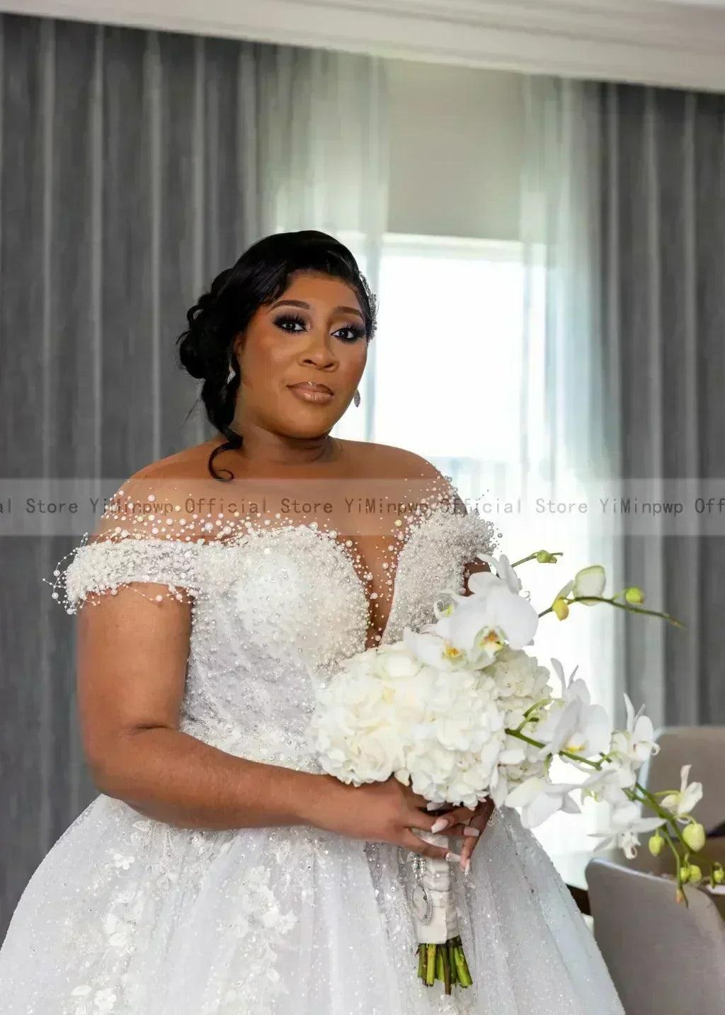 Wedding dresses for bride sheer neck lace up back sequins pearls plus size only
