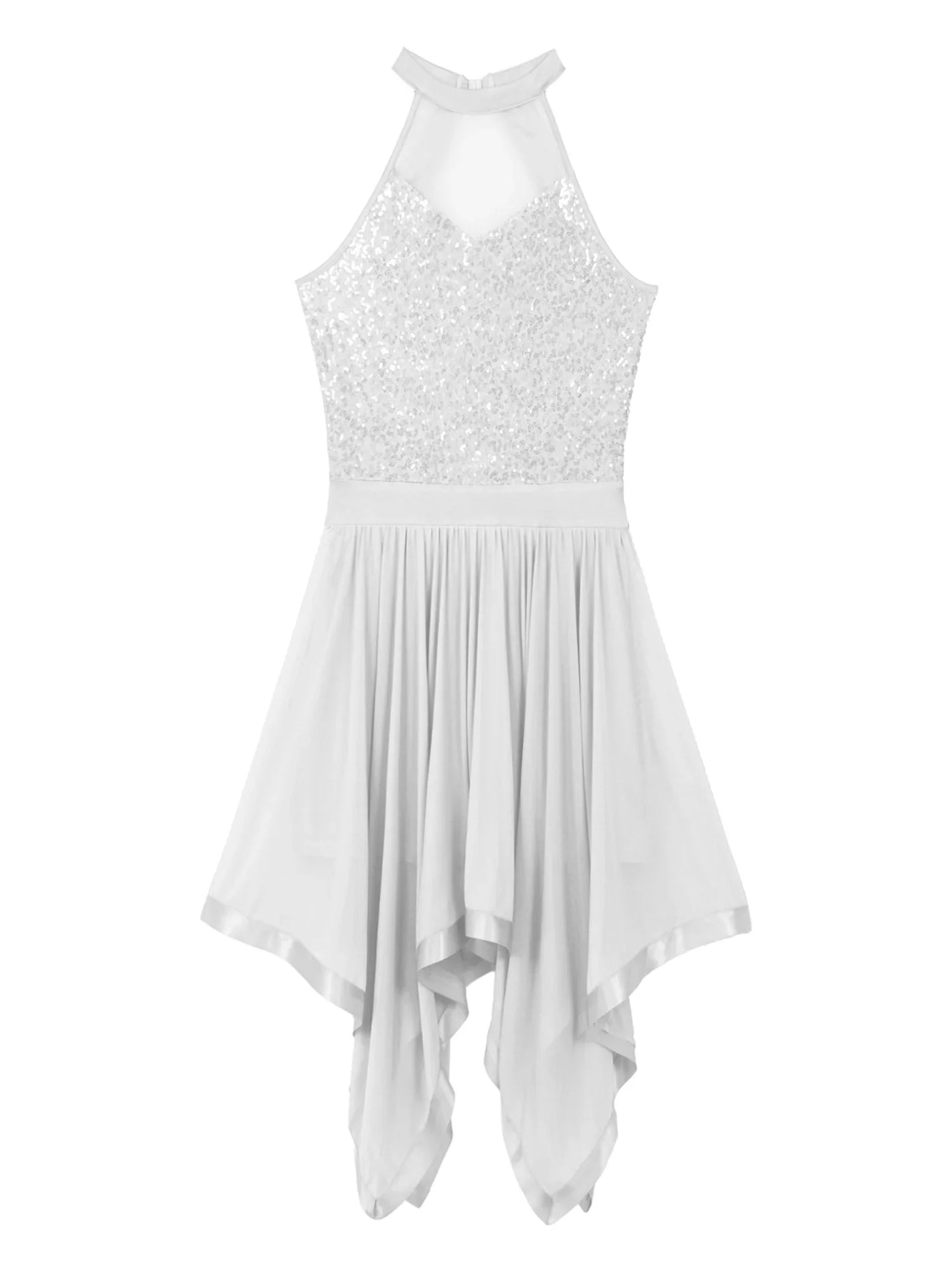 Elegant Ballet Leotards Dance Dress For Women Shiny Sequins Asymmetrical Hem Mesh Lyrical Dresses Prom Performance Costume