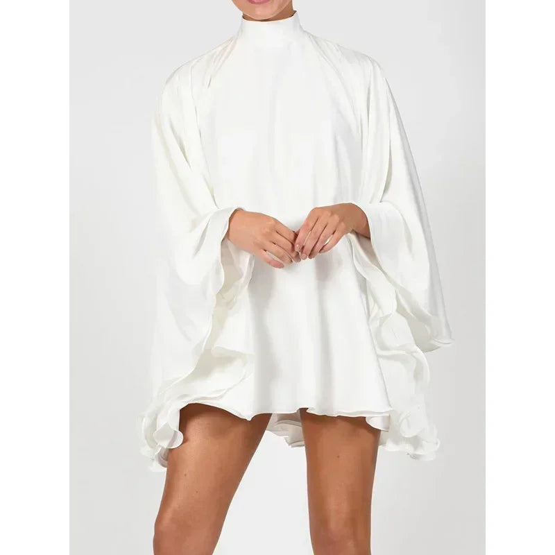Women's White Turtleneck Long Ruffled Sleeves Backless Dress 2025 Summer Spring New Elegant Party Mini Dress Woman
