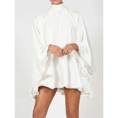 Women's White Turtleneck Long Ruffled Sleeves Backless Dress 2025 Summer Spring New Elegant Party Mini Dress Woman