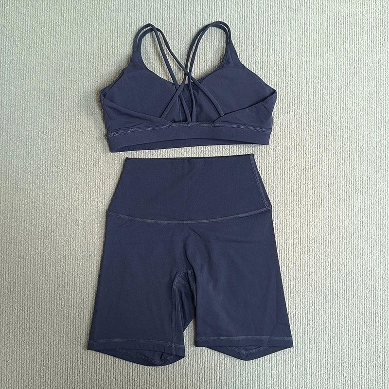 Yoga Shorts Set Gym Sports Set Women Fitness Suit Clothes 2 Piece Cross Back Bra Top High Waist Shorts Running Workout Tracksuit