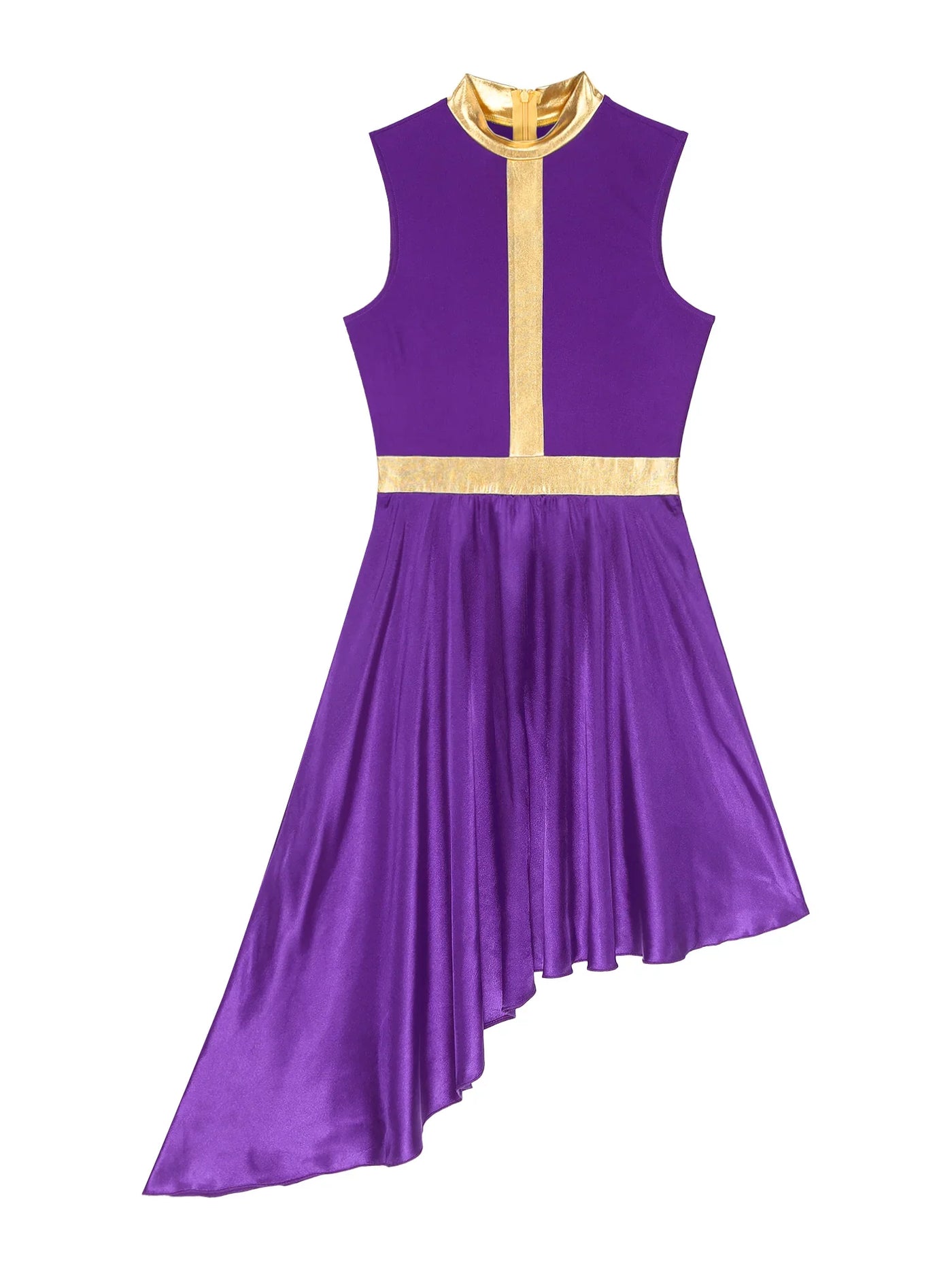 Women Lyrical Dance Dress Color Block Patchwork Invisible Zipper Back Flowy Asymmetrical Hem Sleeveless Dresses Dancewear