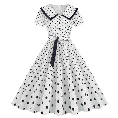 Polka Dot Print Vintage Dress For Women A Line Temperament Lapel Cocktail Party Dresses Ladies Slim Long Dresses With Belt