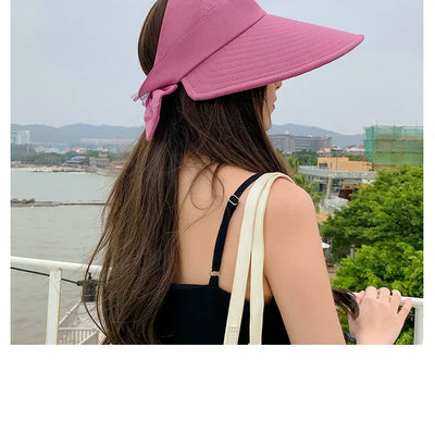 COKK Summer Hat Women Empty Top Foldable Sunhat Sunscreen Hats For Women Solid Color With Bow Ladies Hats Beach Cap Sun Hat