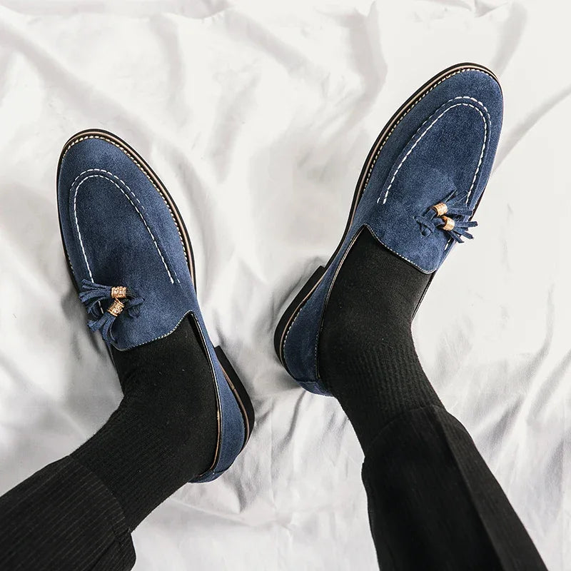 Luxury Designer Men Suede Tassels Blue Green Oxford Brogue Shoes Moccasins Wedding Prom Homecoming Party Footwear Zapatos Hombre