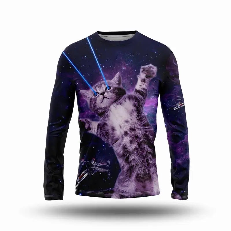 Christmas Costumes Pizza Cat Print Summer Men Women O-Neck T-shirt Casual Long Sleeve Oversized Pullover Trend Tops Men Clothing
