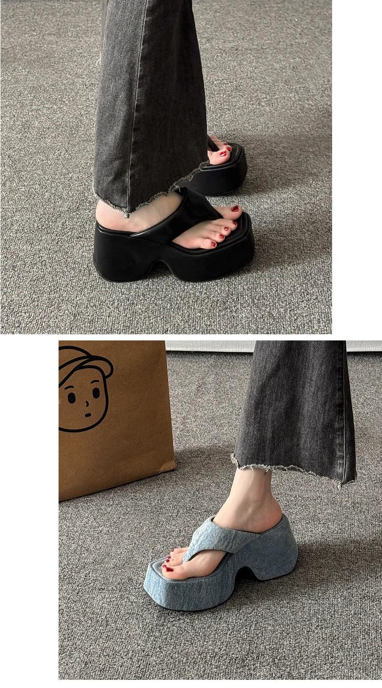 Women's Summer Outdoor Platform Sandals Flip Flops High Heel Thi Bot Clog oes Heightening Slippers Korean Sle PU Mat...