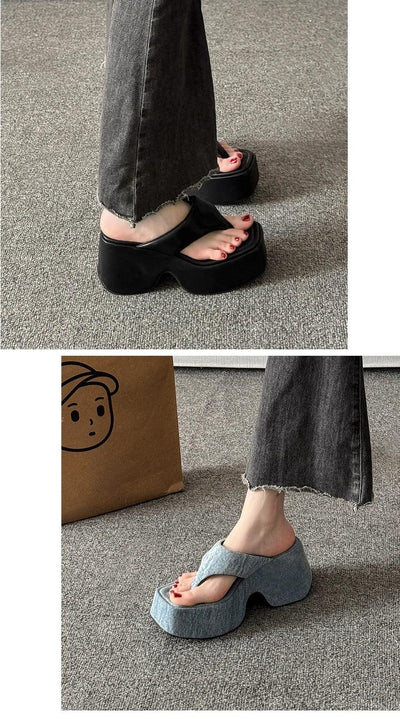 Women's Summer Outdoor Platform Sandals Flip Flops High Heel Thi Bot Clog oes Heightening Slippers Korean Sle PU Mat...