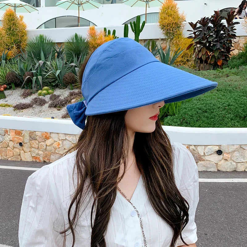 COKK Summer Hat Women Empty Top Foldable Sunhat Sunscreen Hats For Women Solid Color With Bow Ladies Hats Beach Cap Sun Hat