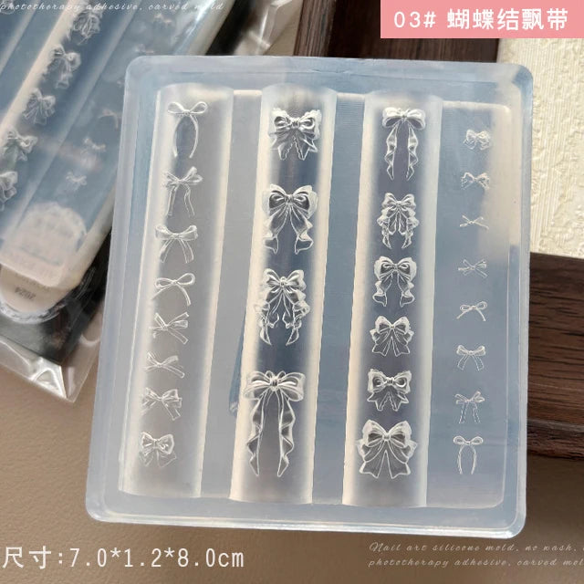 Geometric Bowknot Grid Lace Flora Edge Nail Art Silicone Carving Mold Mould Star Daisy Flower Charms Bow Tie Snowflake Template
