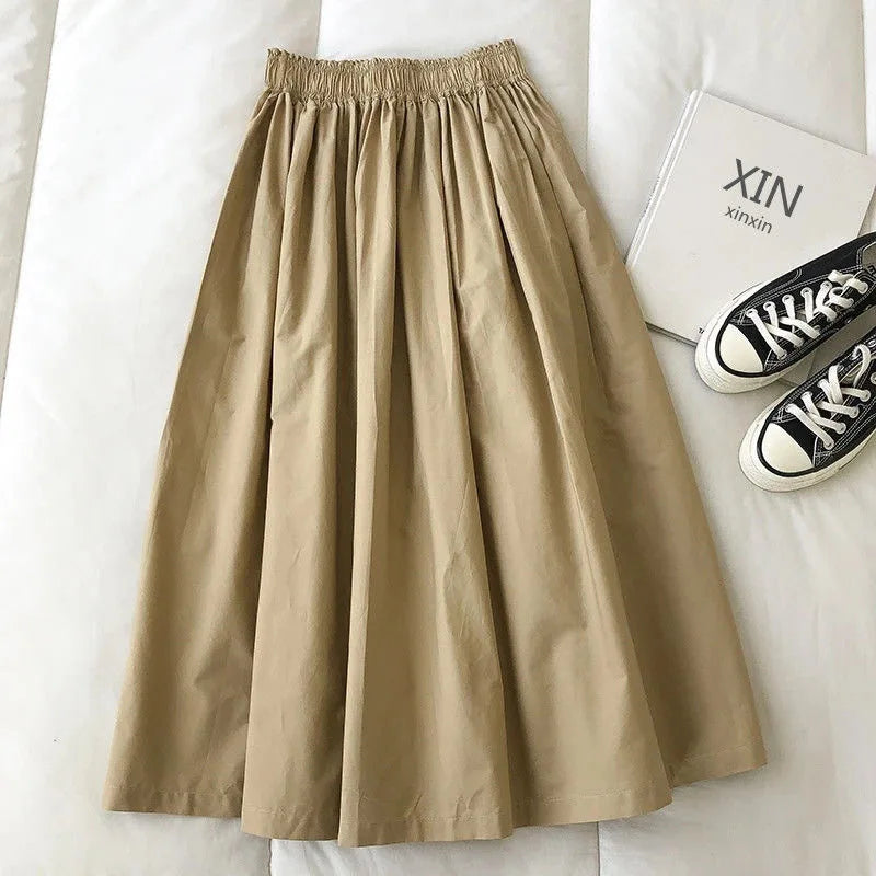 Women's White Long Skirt High Waist A-Line Knee-Length Fashion Pockets Pleated Casual Elegant Skirts for Autumn 2025