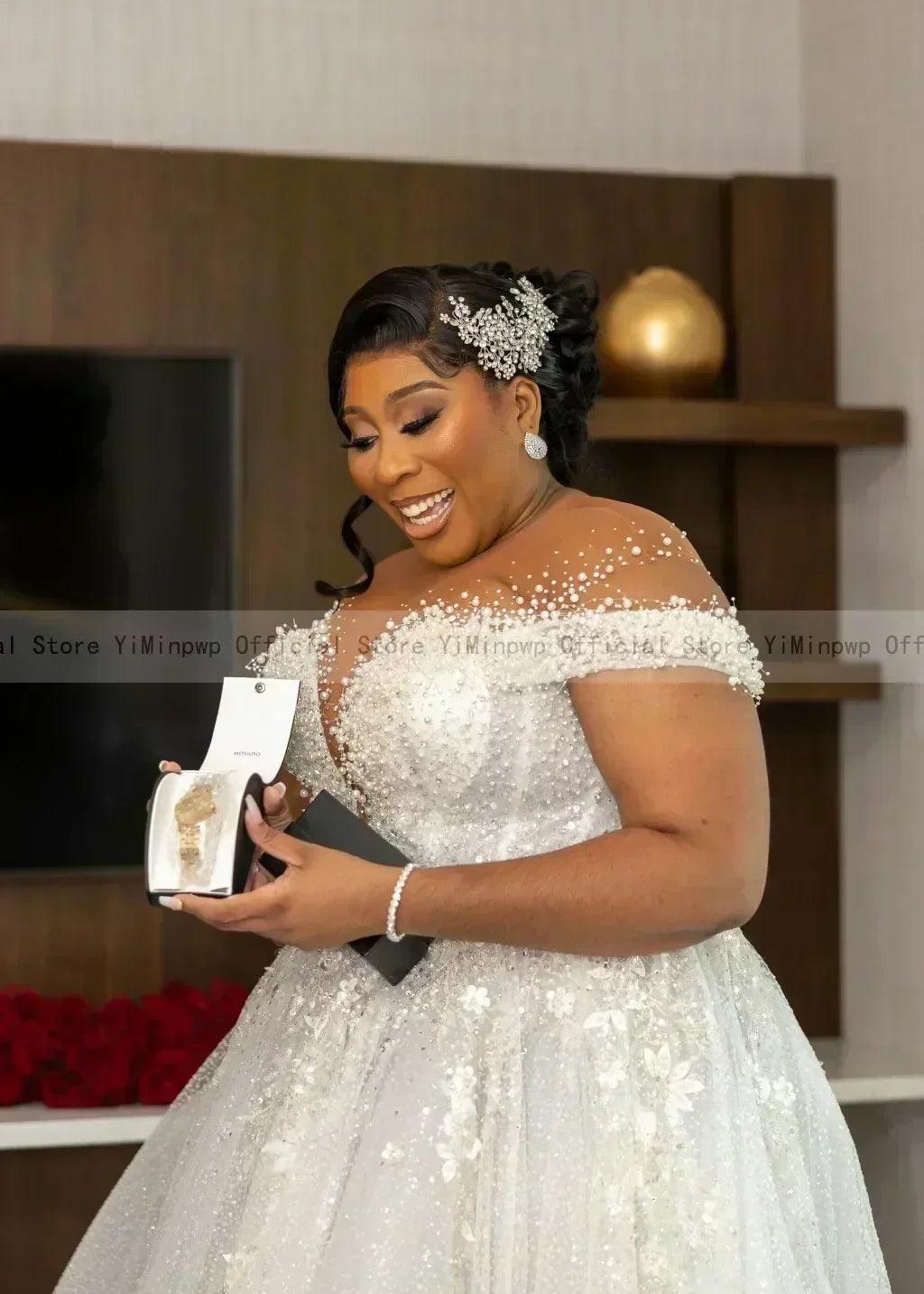 Wedding dresses for bride sheer neck lace up back sequins pearls plus size only