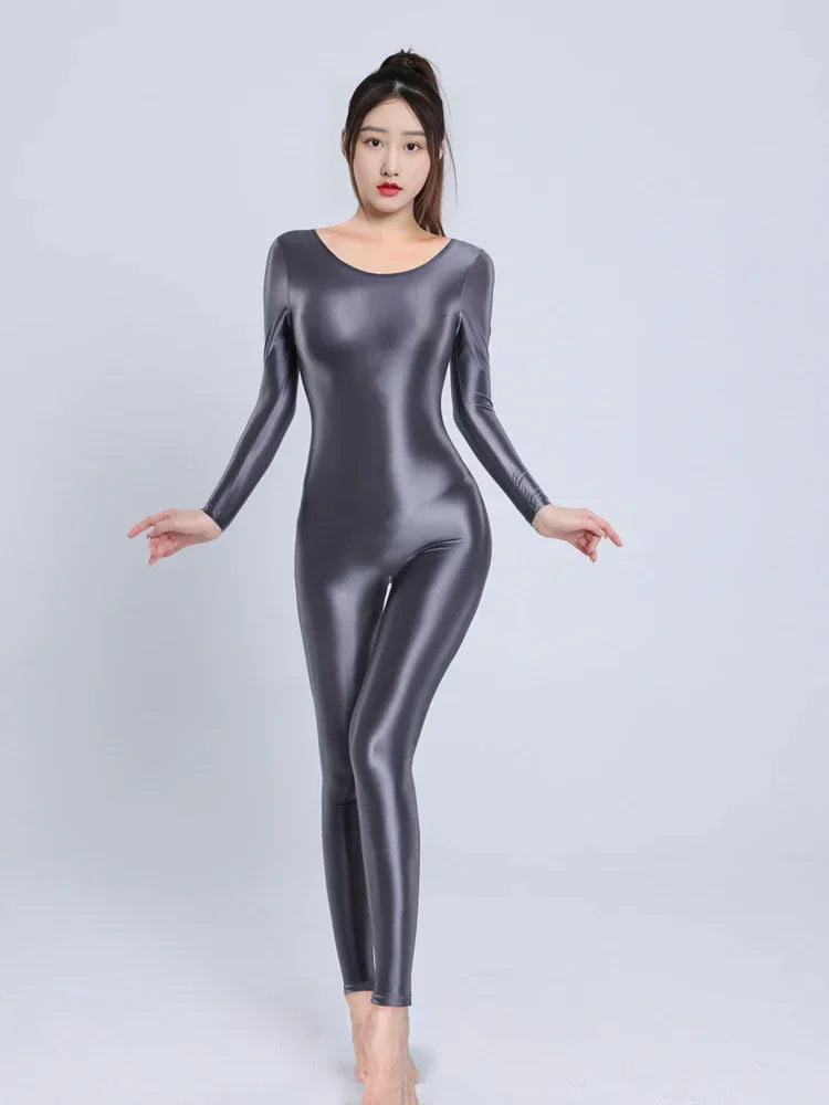 Women's Sexy Yoga Shaper Jumpsuit Dance SM Wear Oil Glossy High Elastic Long Sleeves Bodysuit Sheer Slip Satin Slimming Tights
