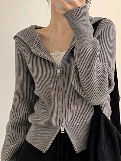2025 New Casual Long Sleeve Hooded Sweaters Fashion Zipper Cardigan Women's Sweet Knitted Sweater Autumn Solid Sweater Coat
