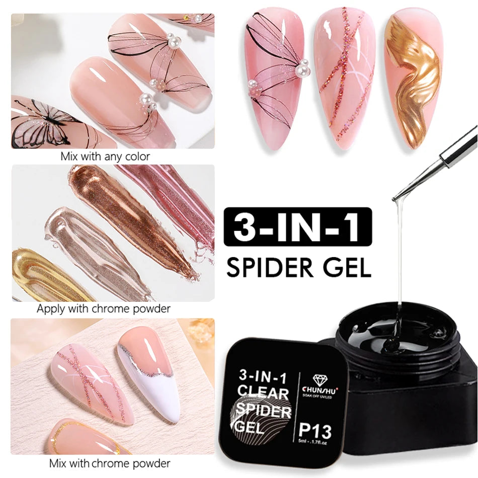 CHUNSU 3 In 1 Spider Gel Nail Polish No Wipe Functional UV Gel Creative Wire Drawing Liner Soak Off Magic Powder 5ML Clear  DIY