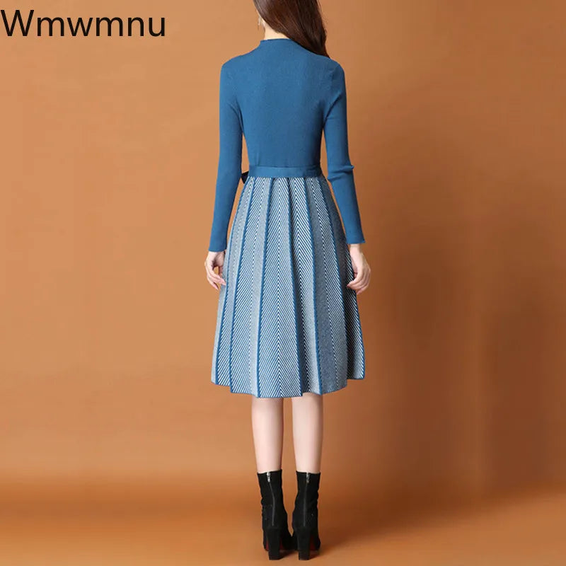 Sweater Dress Fall Winter patchwork Long Sleeve Women Elegant Knitted A-Line pleated Dress Female Korean Lace-Up Vestidos 2023