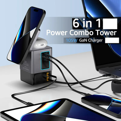 105W Charging Station With Retractable USB-C Cable Power Combo USB C Power Strip for Multiple Devices Wireless Charging 15W