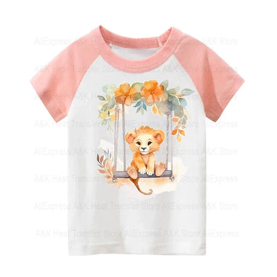 Baby Animal On Swings Heat Transfers For Kids Clothing Elephant Tigers Lion Stickers On Clothes Diy Thermal Patches Decals