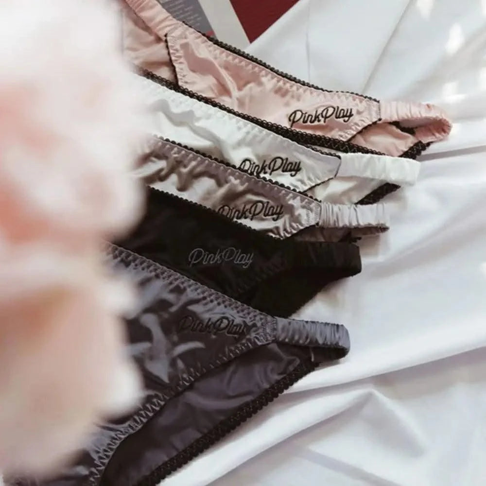 Sexy Girl Thongs Women Glossy Underwear Panty Low Waist Solid Color Satin Fabric Briefs Embroidery Fitness Yoga Underpants