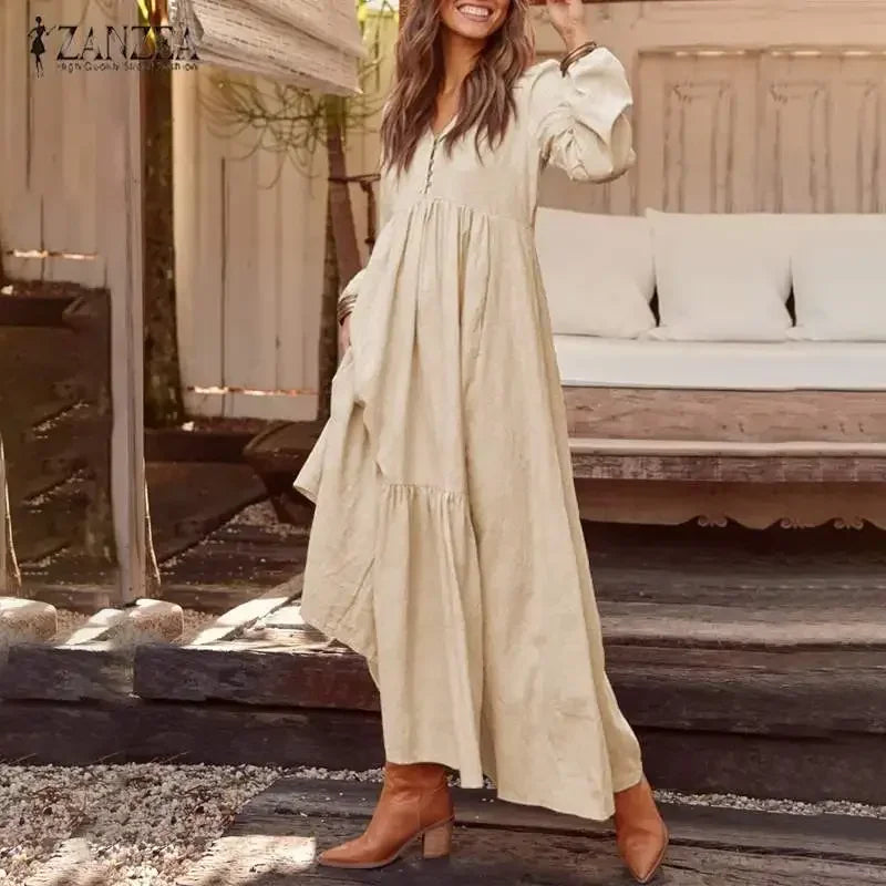Vintage Cotton Linen Long Sleeve Dress Women Casual Autumn Maxi Robe V Neck Tiered Loose Vestido