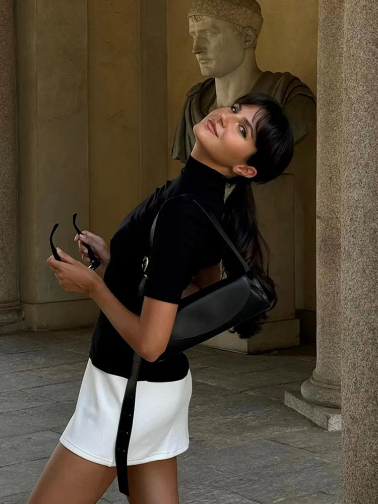 Turtleneck Splice Long Sleeve Mini Dress Women's Fashion Contrast Color Bodycon Sexy Dresses Autumn New Club Party Dress