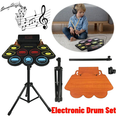 Electronic Drum Set With Drum Sticks Pedals Music Drums 9 Pad Roll-Up Drum Musical Electronic Drums Instrument For Kids Adults