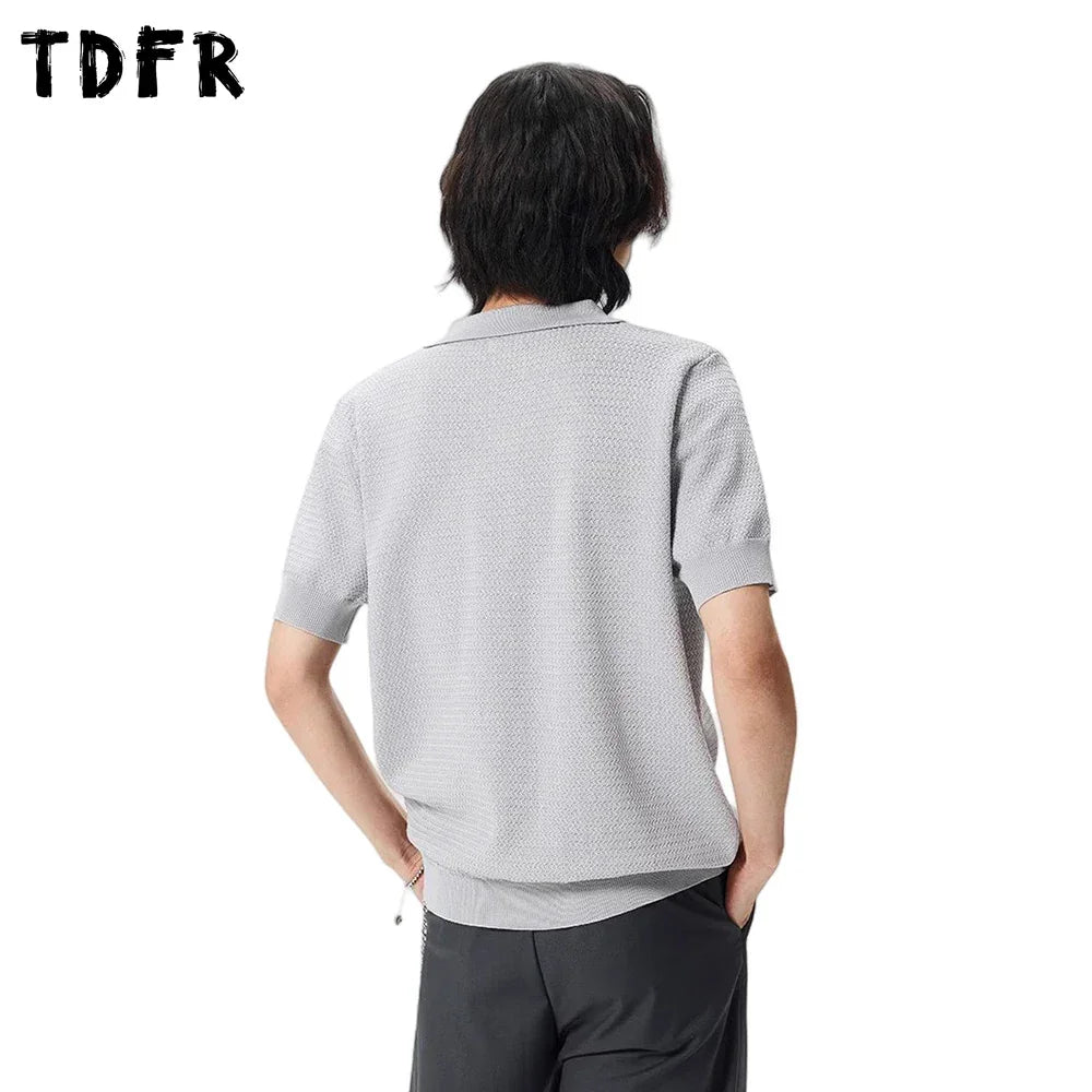 Solid Color Knitted Polo Shirts Mens Simple Summer Retro Casual Loose Half-Sleeve Lapel Tops Men