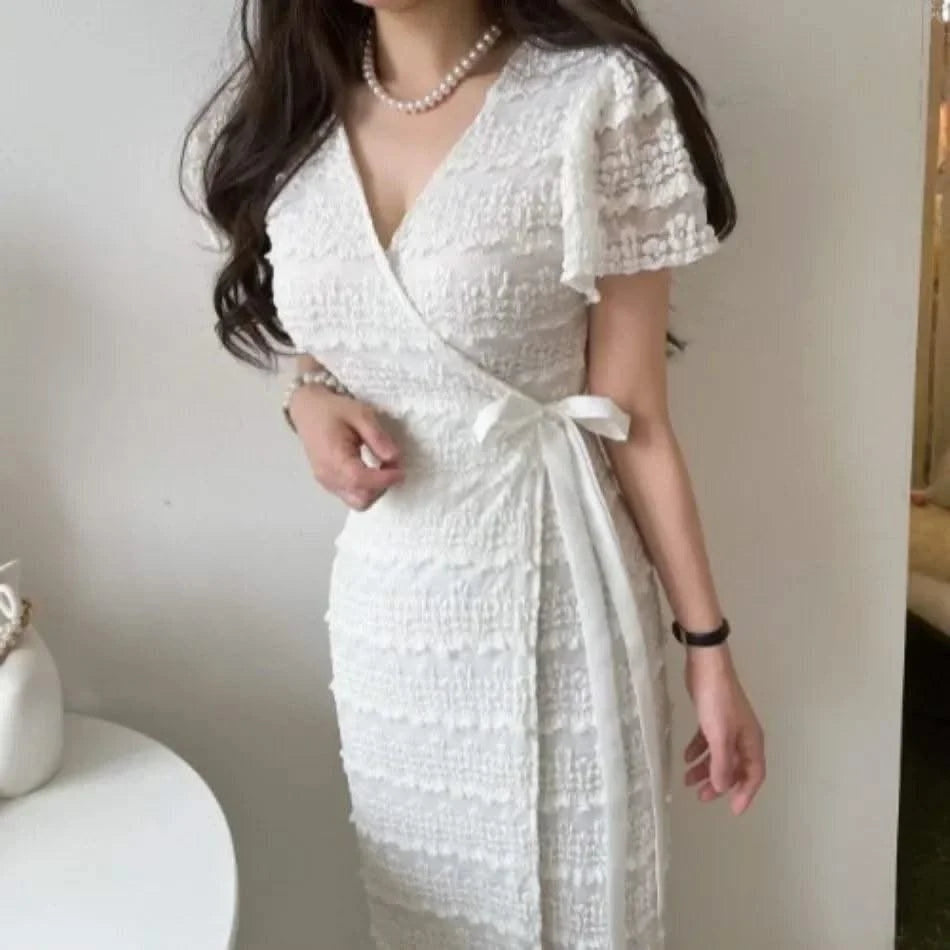 Elegant Sexy Crochet Flower Short Sleeve V Neck Dress, Slim Fit High Waisted Lace Up Dress for Women