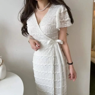 Elegant Sexy Crochet Flower Short Sleeve V Neck Dress, Slim Fit High Waisted Lace Up Dress for Women