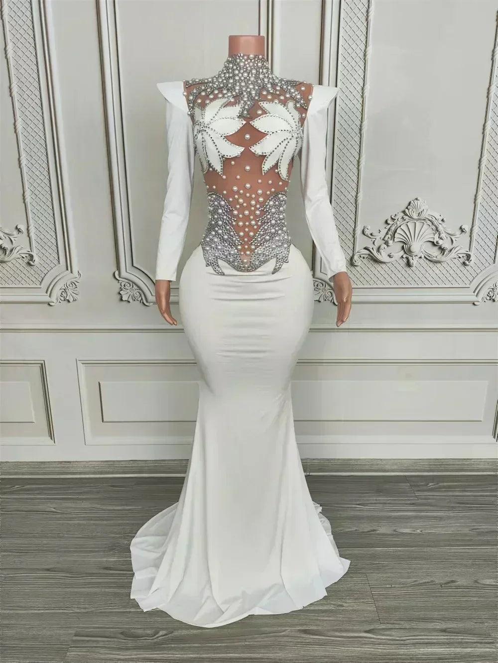 Women luxury evening party elegant gowns sing stage performance costume white pearls see through mesh maxi long dresses