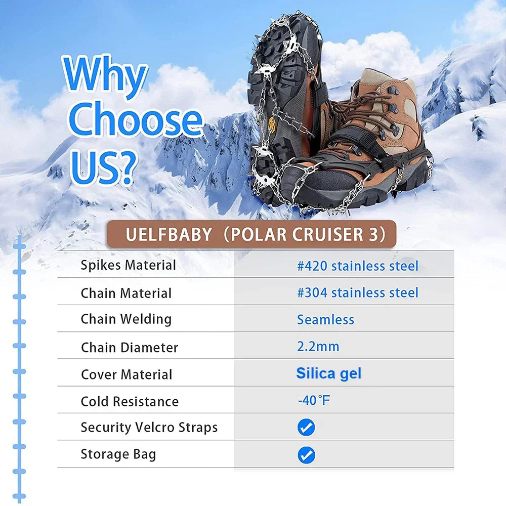 Crampons Shoes 19 Spikes Ice Snow Gripper Shoes Camping Anti-Slip Climbing Protect for Jogging Walking Hiking on Snow Ice