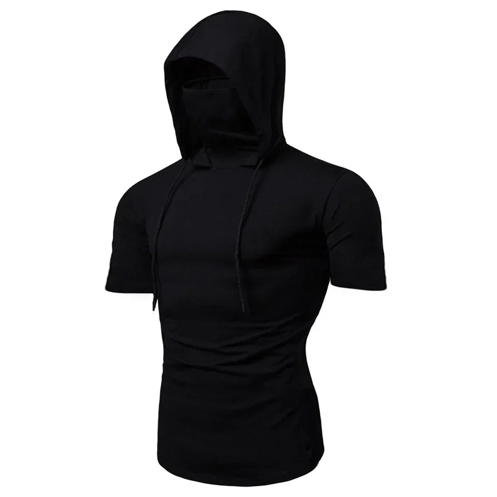 Men Athletic Hoodies Fashion Slim Fit Long Sleeve Sweatshirt with Mask Design Solid Color Sport Fitness Casual Pullover Outwear