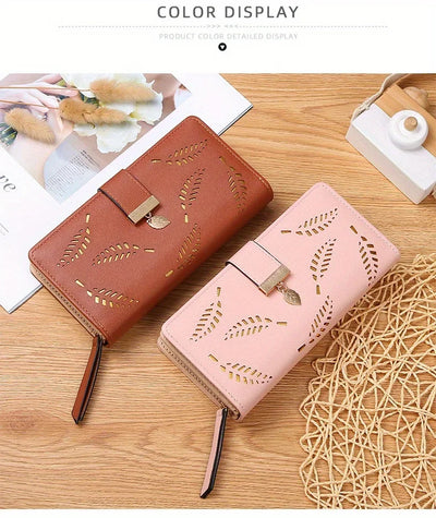 Elegant Women's Wallet With Hollowed-Out Leaf Design, Bifold Long Zippered Clutch, PU Leather Mobile Phone Bag Card Coin Purse