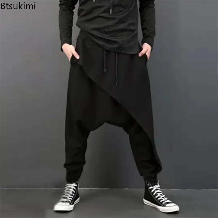 2025 Men's Casual Trousers Irregular Loose Solid Drawstring Cross-pants Men Vintage Harem Pants Hip-hop Skateboard Fitness Pants