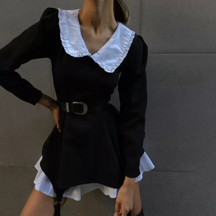 Doll Collar Casual Sheath Dresses for Women Autumn Long Sleeve Pullover Black and White Bodycon Knee Length Femme Fashion Dress