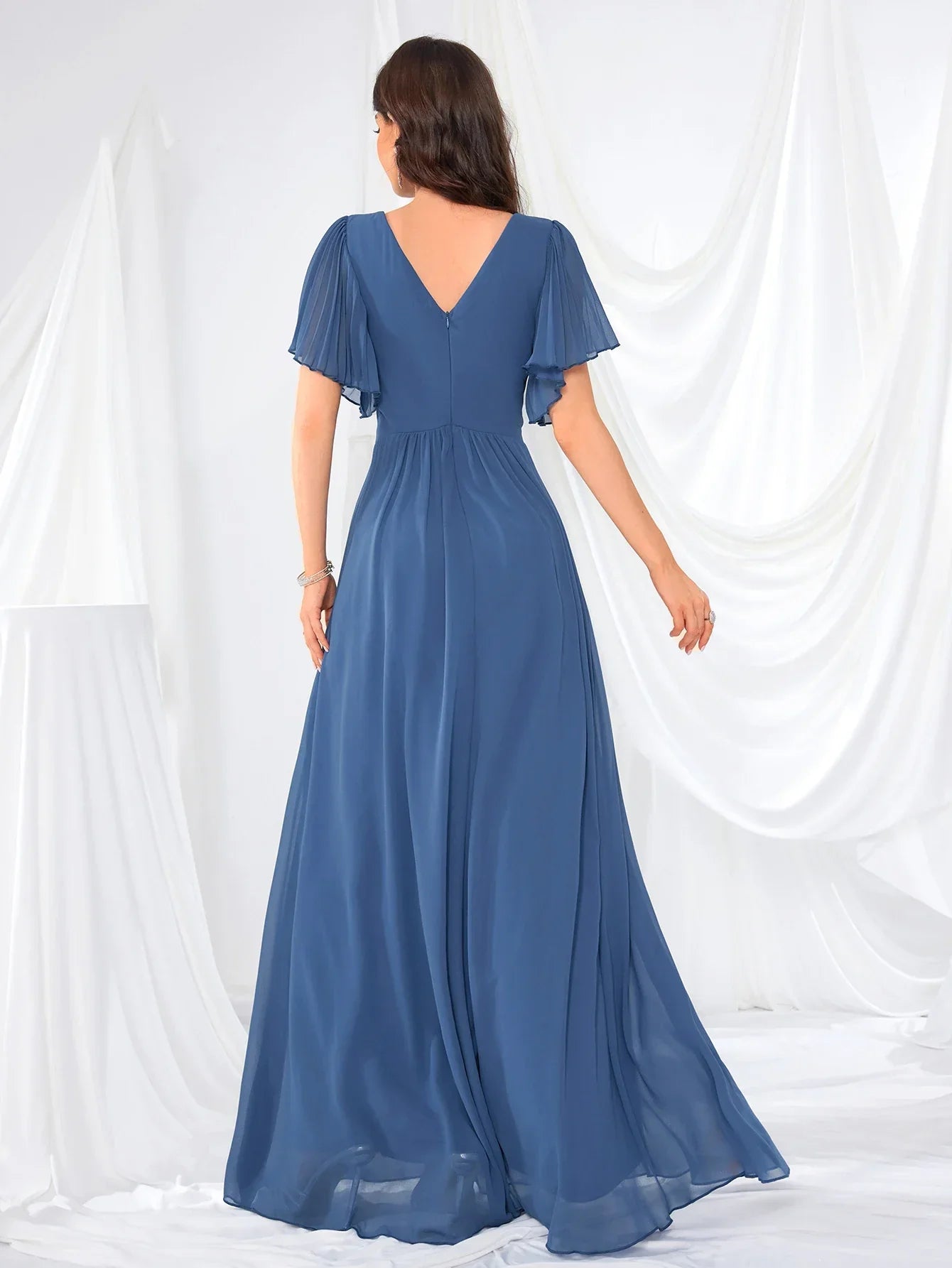 UNITHORSE Women's V-Neck Gathered Lace Trim Sleeve Chiffon Maid of Honor Dress