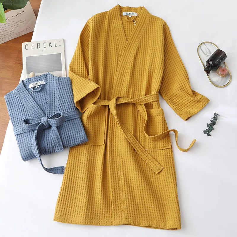 Cotton Bathrobe Spring/summer Thin Morning Robe Long Waffle Hotel Beauty Salon Bathrobe Women Sleepwear Sexy Pajamas Bath Robes