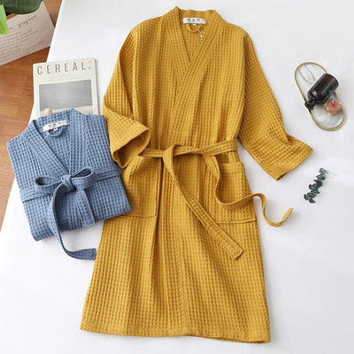 Cotton Bathrobe Spring/summer Thin Morning Robe Long Waffle Hotel Beauty Salon Bathrobe Women Sleepwear Sexy Pajamas Bath Robes