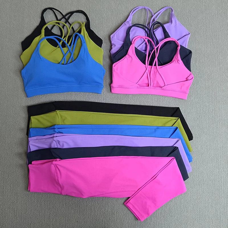 2 Pcs Gym Tights Yoga Clothes Set Sports Set Women Cross Back Bra Top High Waist Leggings Fitness Suit Running Workout Tracksuit